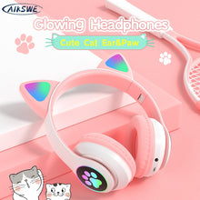 Load image into Gallery viewer, AIKSWE Bluetooth Headphones Glowing Cute Cat&Ear Paw LED Girls Gift Kids Wireless Headset HIFI Stereo Bass 3.5mm AUX With MIC
