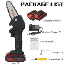 Charger l'image dans la galerie, 1080W 4 Inch 88V Mini Electric Chain Saw With 2PC Battery Woodworking Pruning One-handed Garden Tool Rechargeable EU Plug