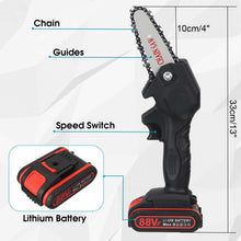 Charger l'image dans la galerie, 1080W 4 Inch 88V Mini Electric Chain Saw With 2PC Battery Woodworking Pruning One-handed Garden Tool Rechargeable EU Plug