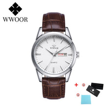 Загрузить изображение в средство просмотра галереи, WWOOR Leather Men&#39;s Watch Top Brand Luxury Date Waterproof Watches Mens 2020 Casual Quartz Wrist Watch For Men Relogio Masculino
